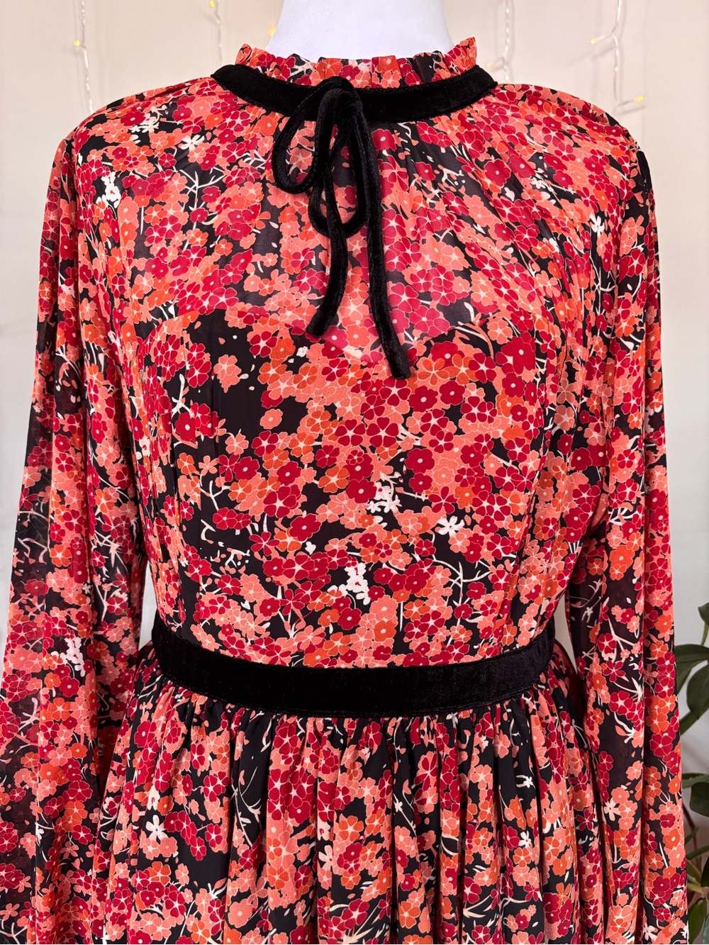 Unique Vintage Warm Floral Velvet Trim Mini Dress Cottagecore Prairie Size L - Picture 3 of 8